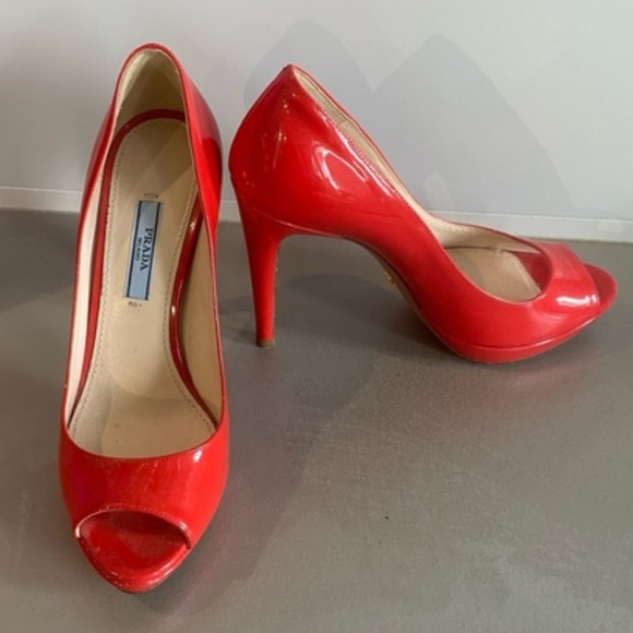 Prada Red Patent Peep-Toe Pumps - Picture 4 of 9